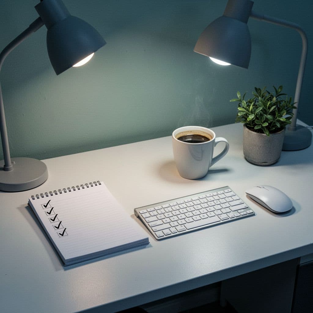 Modern illustration of a checklist on a notepad next to keyboard and mouse on a small team office desk setup, with one coffee cup, one plant, blues-greens palette, and soft desk lamp lighting.
