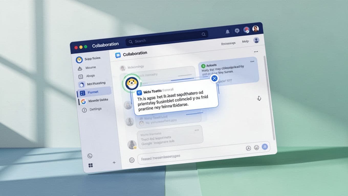 Modern illustration of a desktop Slack channel displaying a highlighted incoming notification for a new generic form submission like 'New submission: John Doe - Great feedback!', using clean shapes and a controlled blues and greens color palette.