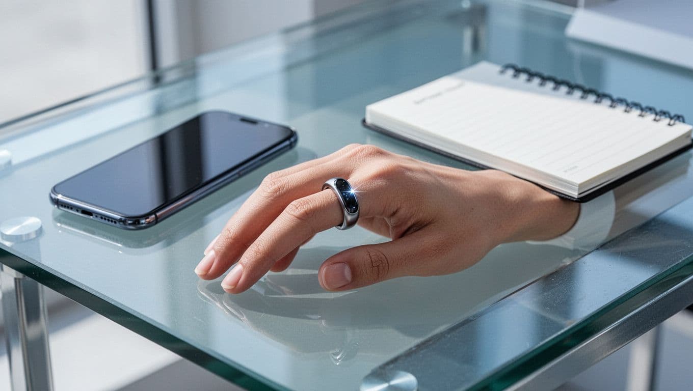 Modern illustration of a sleek smart ring on one finger, resting on a glass desk surface next to a smartphone and notebook, featuring clean shapes and a cool blue-silver palette.
