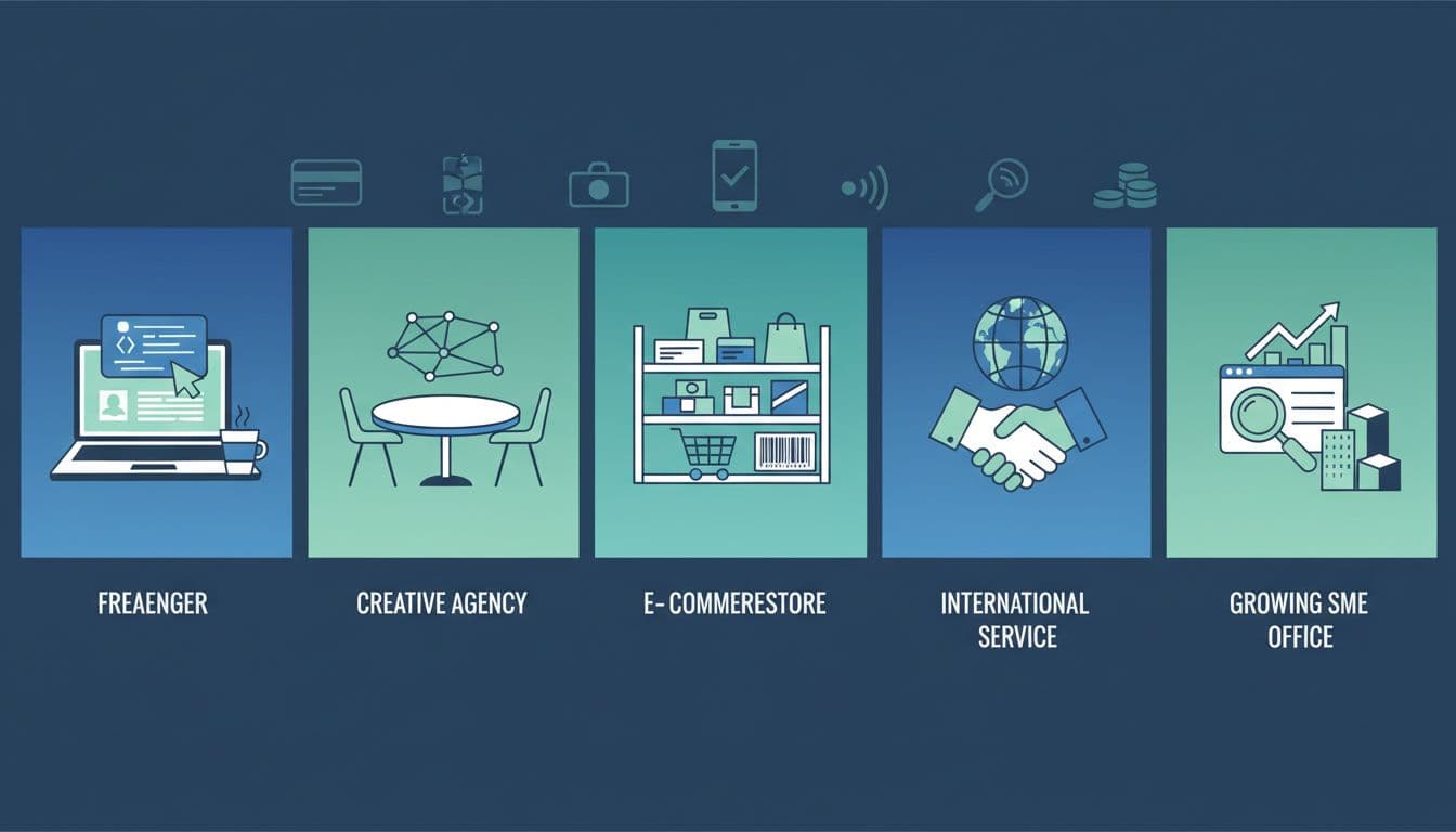 Five clean icons show freelancer laptop, agency setup, ecommerce shelf, service handshake, SME charts in blues and greens.