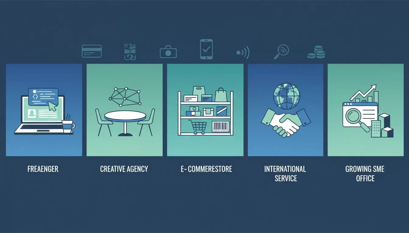 Five clean icons show freelancer laptop, agency setup, ecommerce shelf, service handshake, SME charts in blues and greens.
