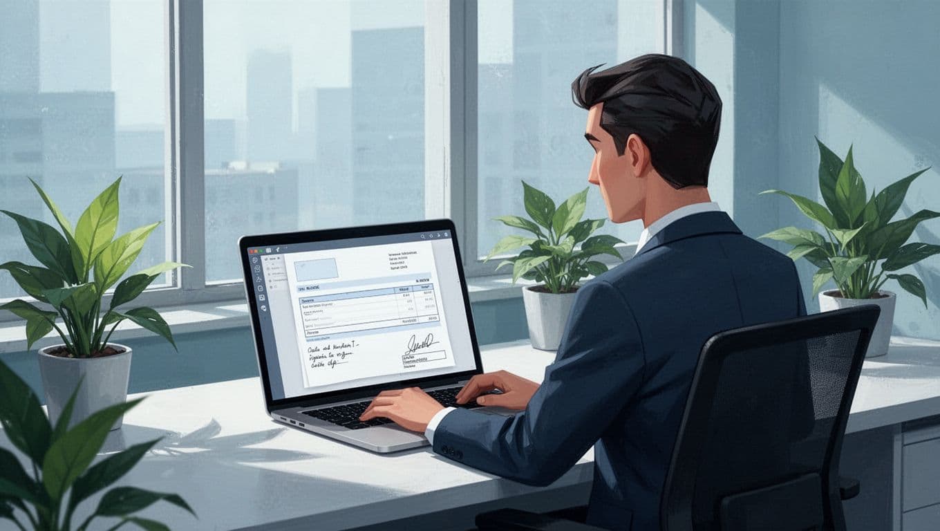 Modern illustration featuring a small business owner at a desk editing an invoice PDF on a laptop, adding notes and signature fields in a clean office with plants and natural light.