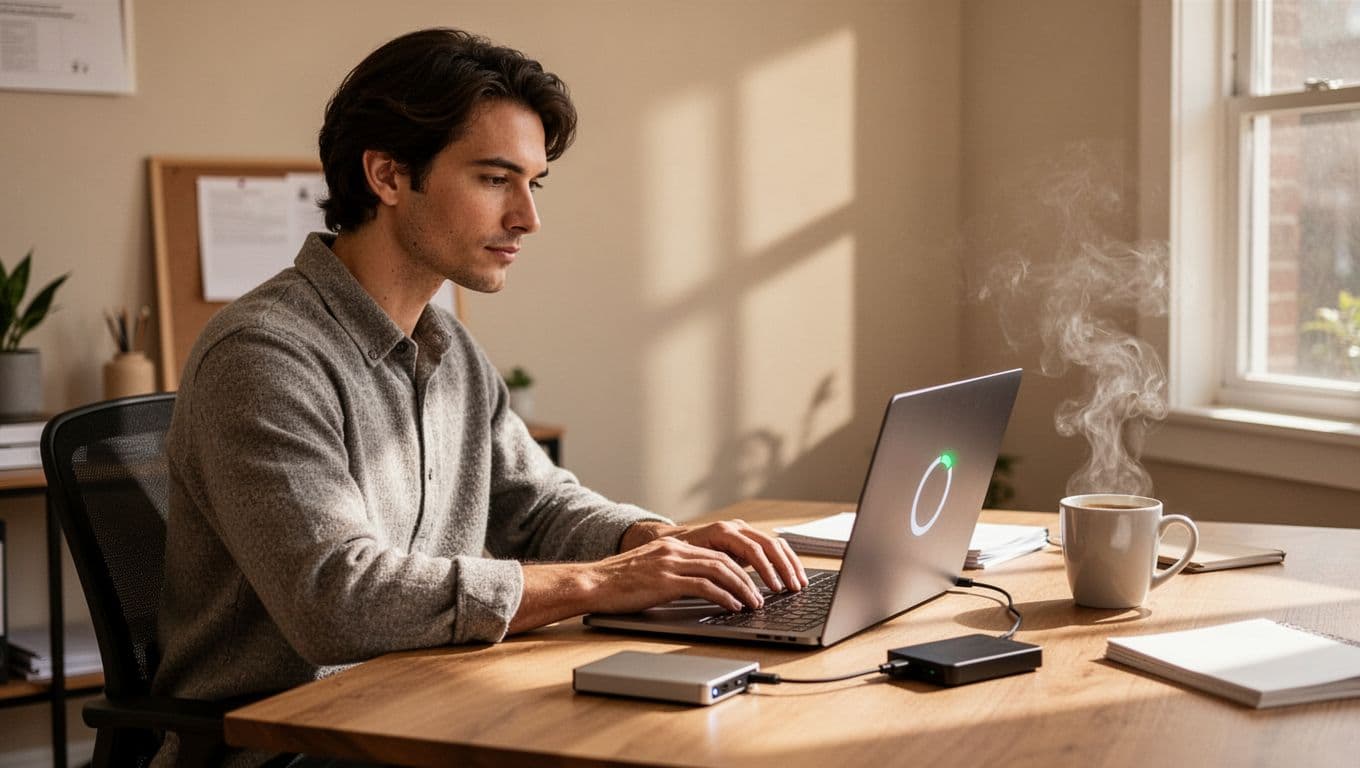 Modern illustration of a small business owner sitting confidently at a desk in a cozy office with laptop showing backup progress bar and connected external hard drive.