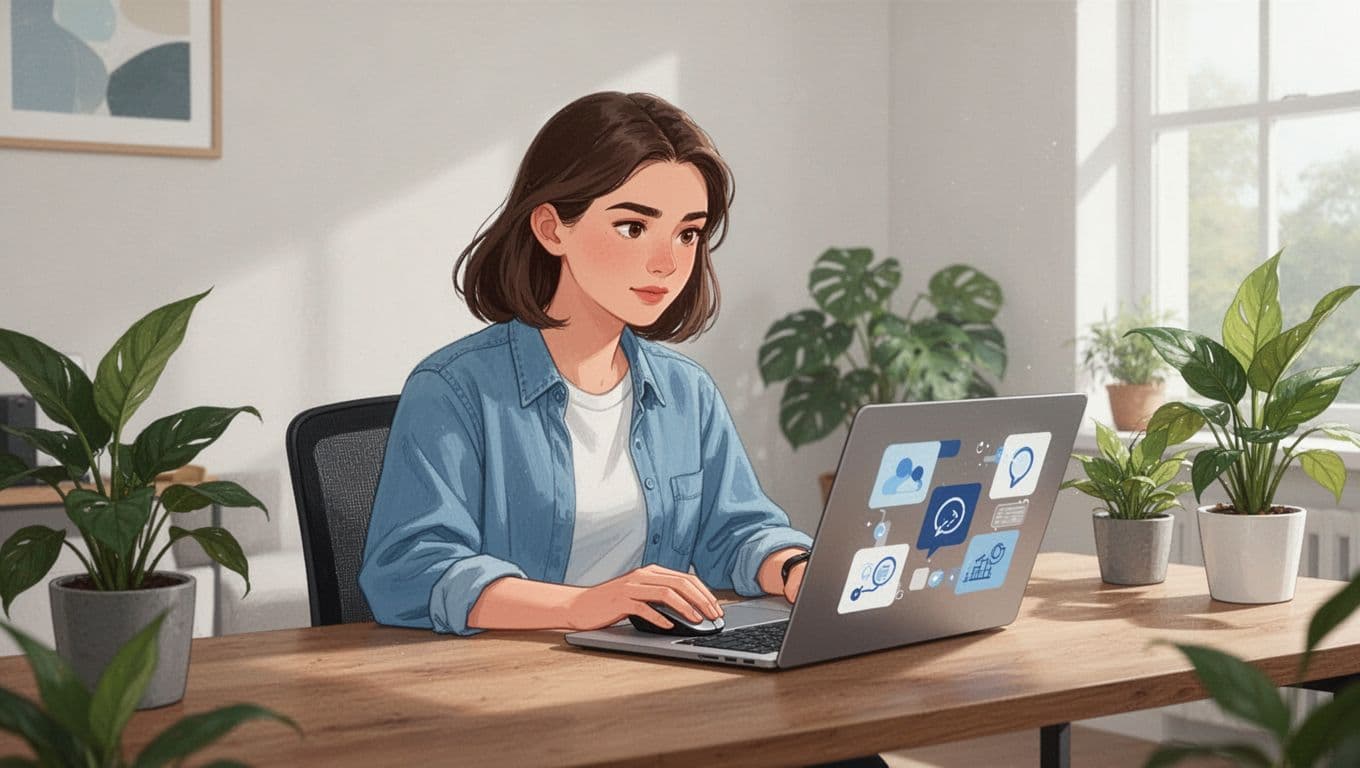Illustration of a young professional woman in casual attire at a wooden desk in a bright home office with plants, focused on her laptop screen displaying abstract envelope and profile icons for business email prospecting.