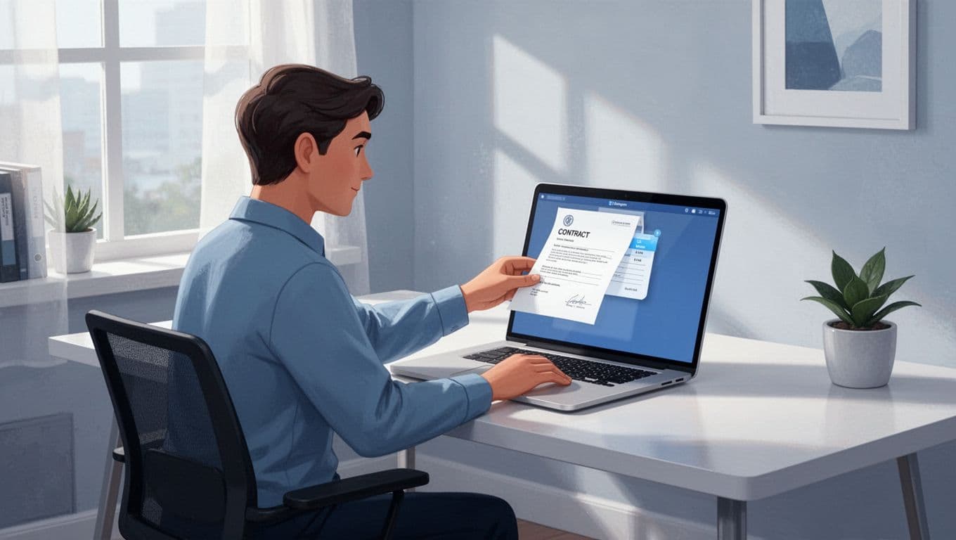 Modern illustration of a small business owner at a desk in a home office, using drag-and-drop to upload a contract PDF on a laptop displaying the DocuSign interface. Features clean shapes, blues and whites palette, soft daylight, and relaxed pose with no readable text or logos.