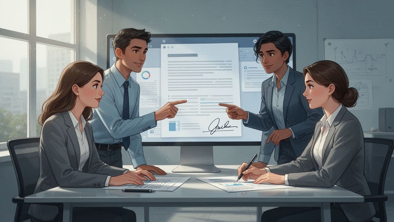 Modern illustration of a three-person small business team in a contemporary office collaborating on a large digital PDF document displayed on a shared screen, with one pointing to a contract section and another adding a signature.