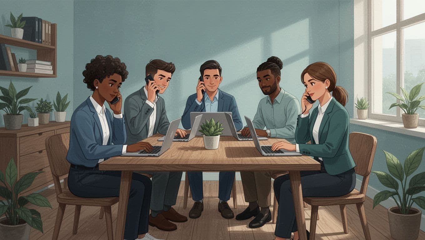 Modern illustration of a small diverse team of four people in a cozy office chatting on laptops and phones with focused expressions.