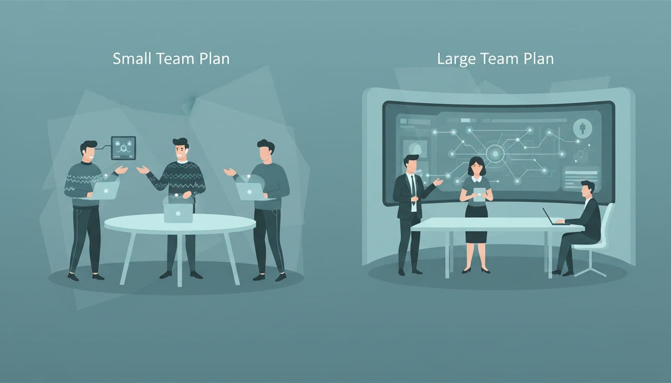 Modern split-screen illustration of a small business team discussing documents and calls around a table with laptops, contrasted with a large team in a conference room near an advanced security dashboard, in a clean blue-green palette.