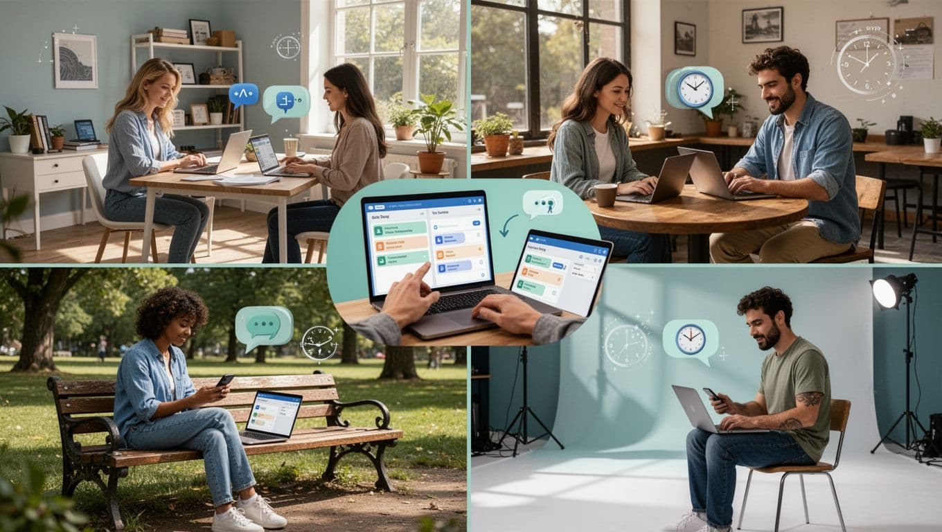 Modern illustration of a four-person remote team (two women, two men) working asynchronously from home office, coffee shop, and park using laptops and phones, with task board updates, communication bubbles, and subtle time zone clocks in a clean blue-green palette.