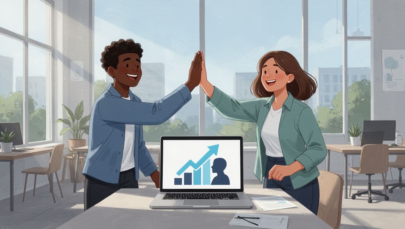 Illustration of two diverse sales professionals high-fiving over a shared laptop showing upward arrows and profile icons for growing leads, in a sunny co-working space with natural lighting and joyful expressions.