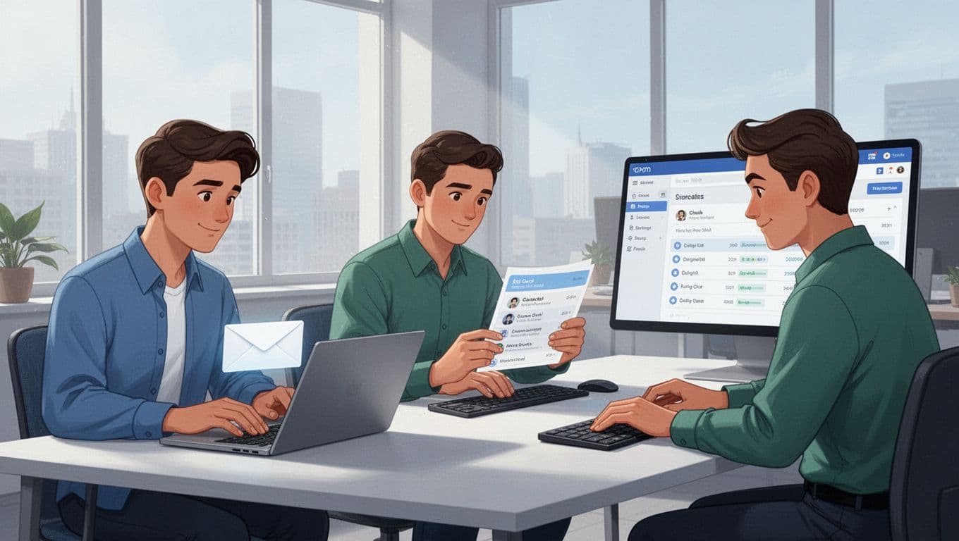 Modern illustration in blues and greens showing a three-person sales team in a bright open office: one searches emails on a laptop, another verifies contacts, and the third integrates data into CRM.
