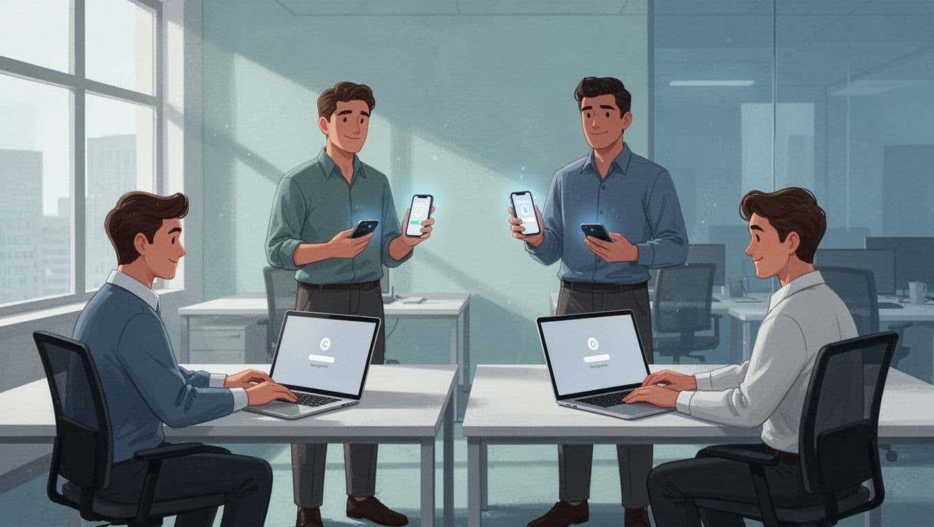 Illustration of a small team of four people in a modern open office, two at desks with laptops open to login screens and two holding smartphones receiving 2FA push notifications, in a collaborative and secure atmosphere.