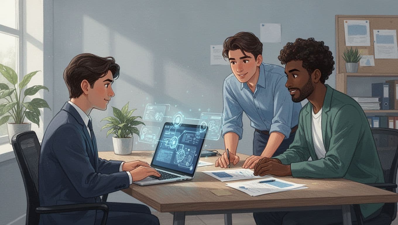 Illustration of three diverse professionals in a cozy office, one typing on a laptop to create a new Google Chat space while others collaborate.