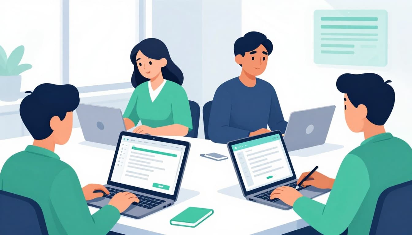 Modern illustration of a small team of 4 people in a modern office, two at desks with laptops reviewing digital documents on screen, one holding a tablet with signature pad interface, another discussing; clean shapes, controlled blue and green palette, strong composition, natural lighting.