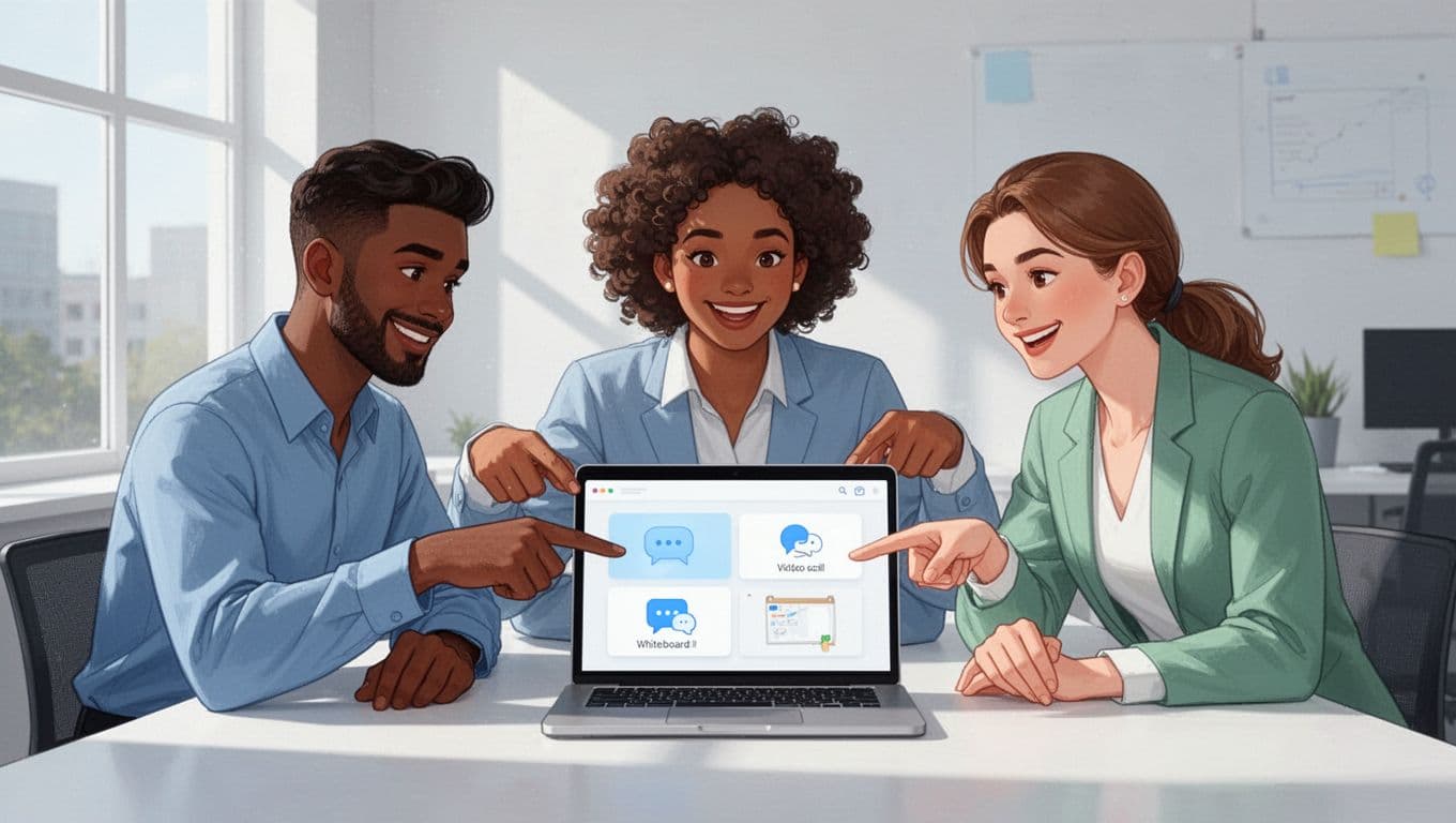 Three diverse professionals in a bright open office huddle around a large laptop screen showing Google Workspace interface with add-on icons for chat, video calls, and whiteboards, smiling and pointing relaxedly.