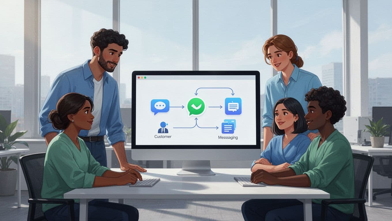 A diverse team of four people in a bright modern office gathers around a shared computer screen showing a no-code automation workflow connecting email, CRM, Slack, and database icons with data flow arrows. Relaxed natural poses with focused collaboration in a clean illustrative style using cool blue and green tones.