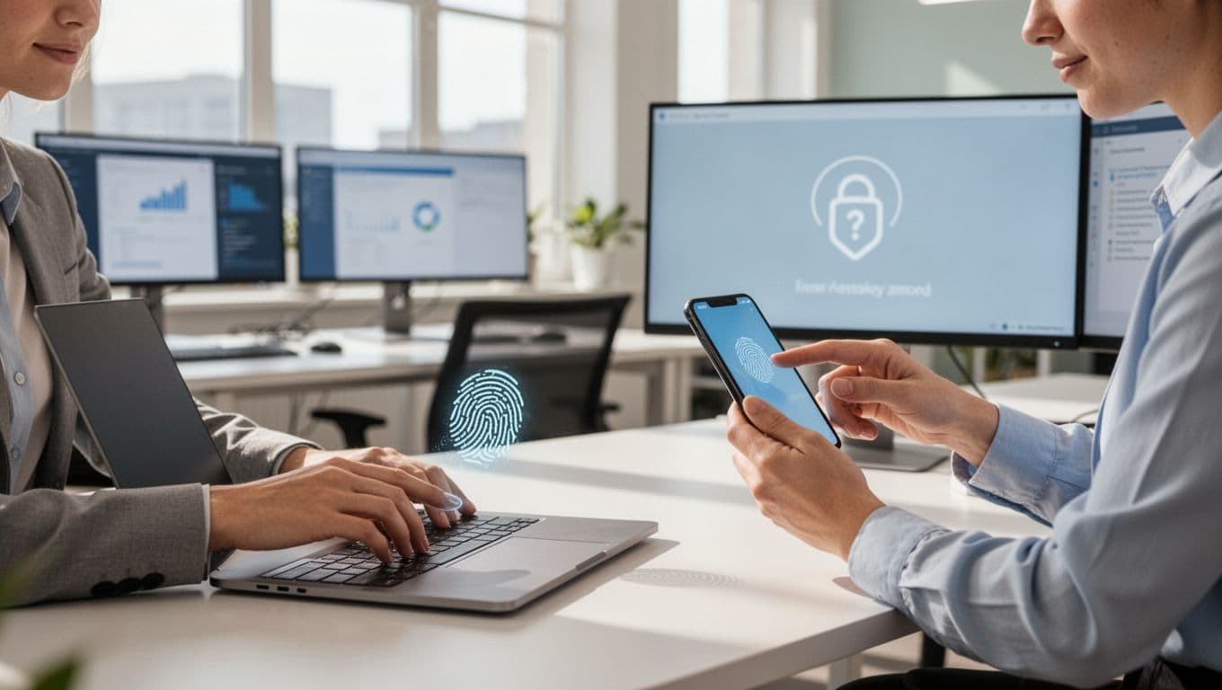 Modern illustration of a three-person team in a bright office performing secure passwordless logins: one uses fingerprint on laptop, another taps phone for biometrics, and the third approves with a passkey on screen.