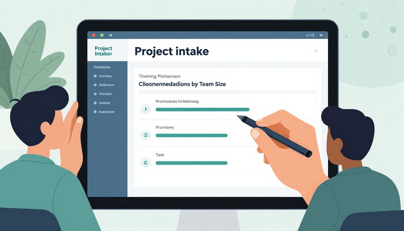 Modern illustration of a small consulting team using project intake software on a tablet to review client onboarding workflow from form submission to task assignment in a cozy office.