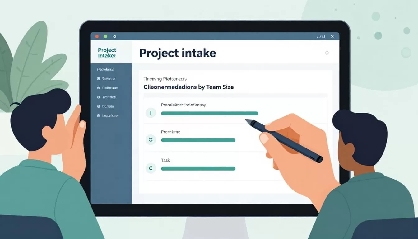 Modern illustration of a small consulting team using project intake software on a tablet to review client onboarding workflow from form submission to task assignment in a cozy office.