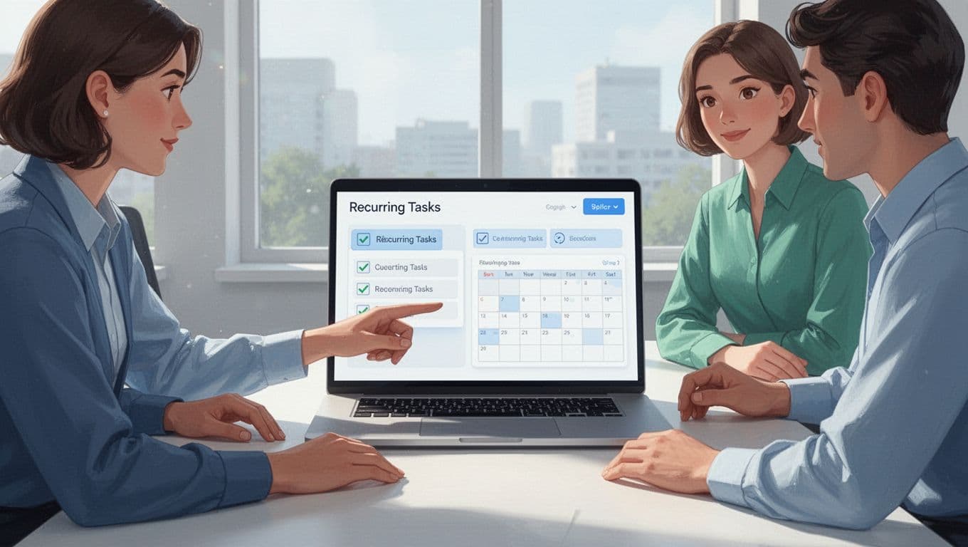 Illustration of a three-person team in a bright modern office gathered around a shared laptop displaying a recurring task dashboard with checklist icons and calendar views.