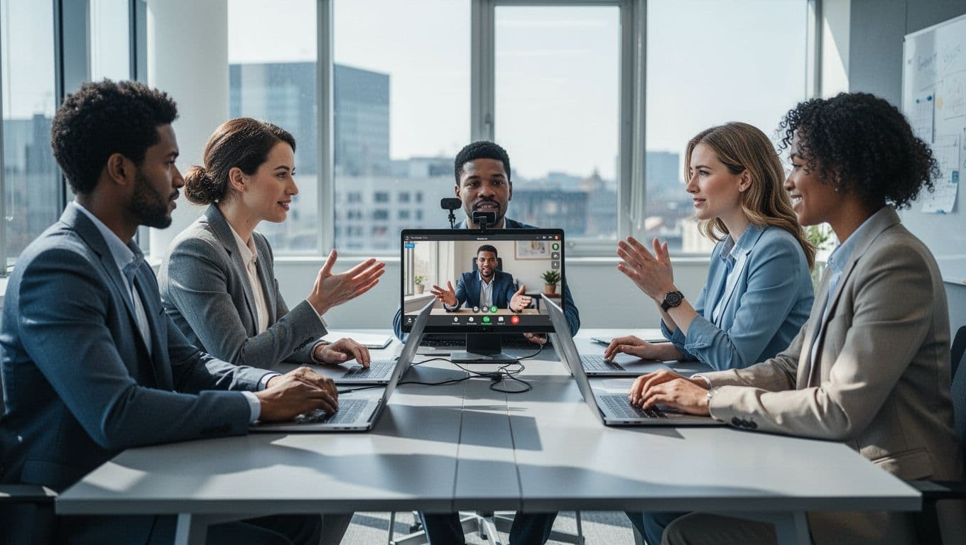 Small team of four diverse professionals in a bright modern office gathered around a table with laptops for a video call, one gesturing attentively while others nod in collaboration.