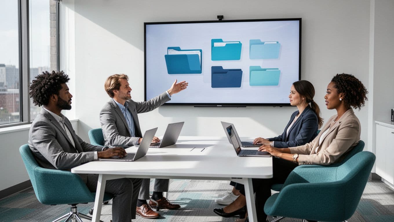 Illustration of three diverse team members in a modern conference room collaborating around a shared drive workflow, one pointing to a large screen with organized folders, laptops nearby, teal and white palette.