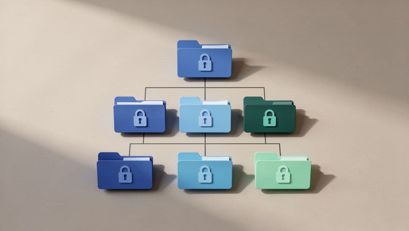 Modern illustration of a clean, three-level folder hierarchy in a shared password vault for small teams, with subfolders like Team Accounts, Vendors, Projects, and Admin, featuring lock icons, entry symbols, and connecting lines in blues and greens on a neutral background.