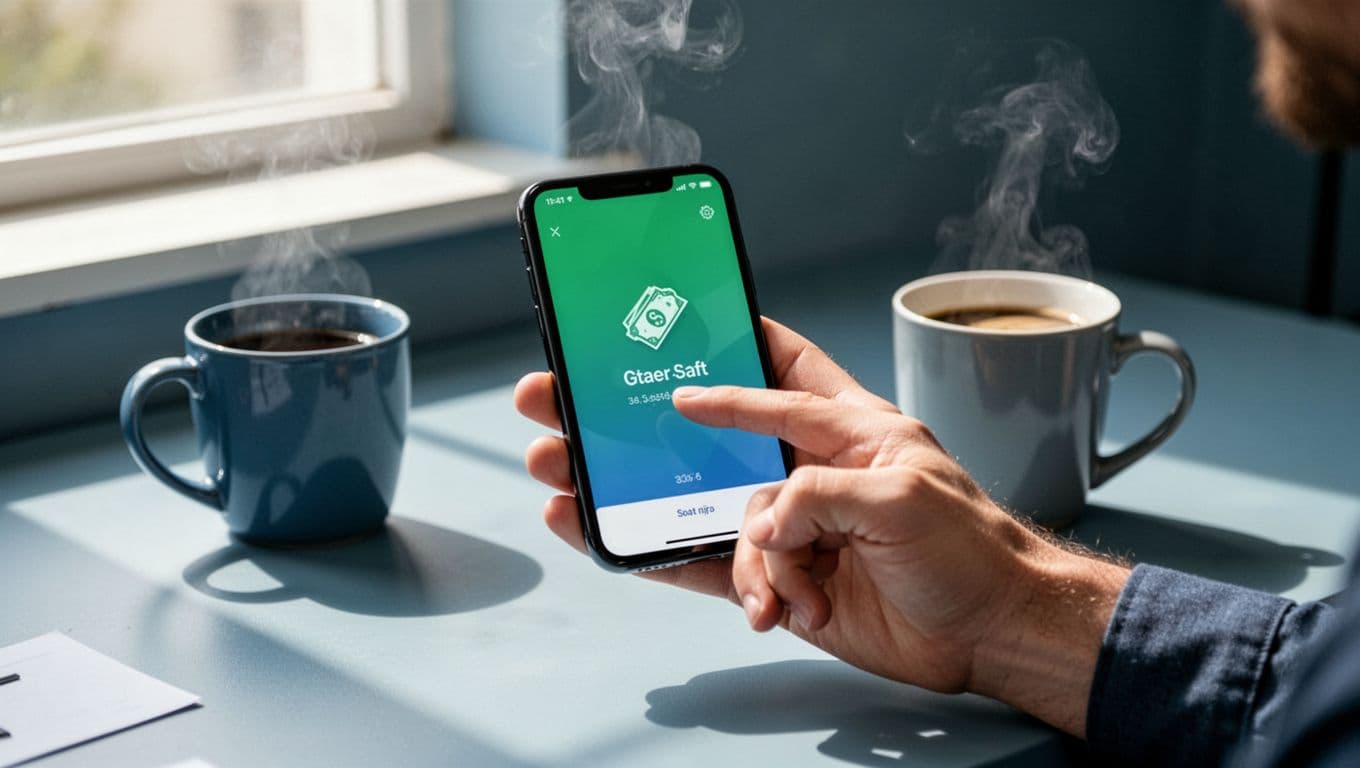 Hand holds smartphone showing money transfer app screen with India flag on clean desk beside coffee mug.