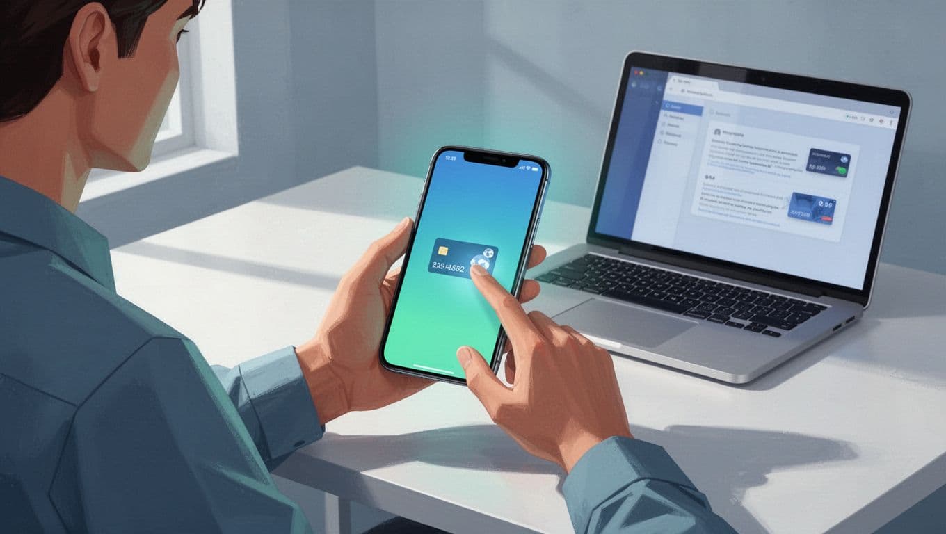 Person at desk holds smartphone with glowing screen showing money transfer app and Philippines flag icon, laptop nearby.