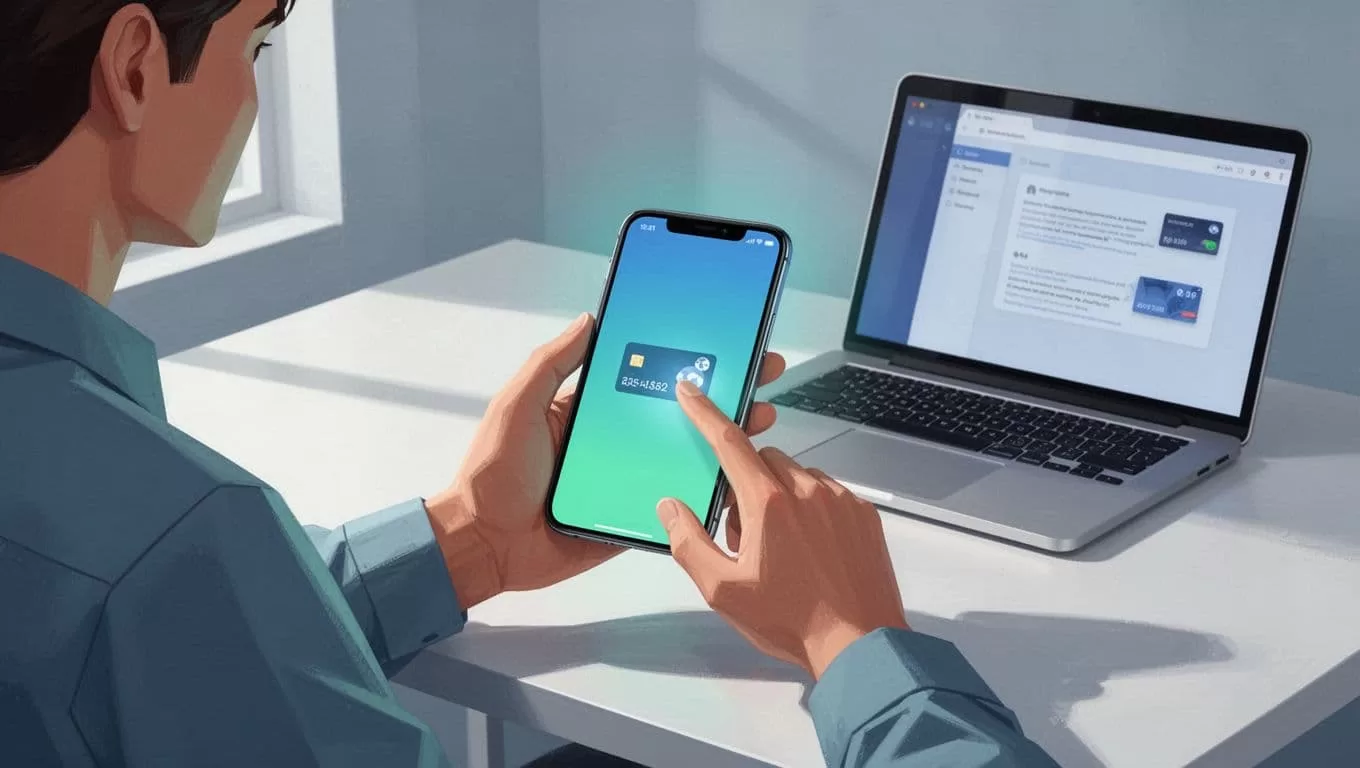 Person at desk holds smartphone with glowing screen showing money transfer app and Philippines flag icon, laptop nearby.