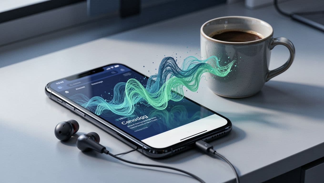Smartphone screen shows web article morphing into sound waves, with connected wireless earbuds and coffee mug on desk.