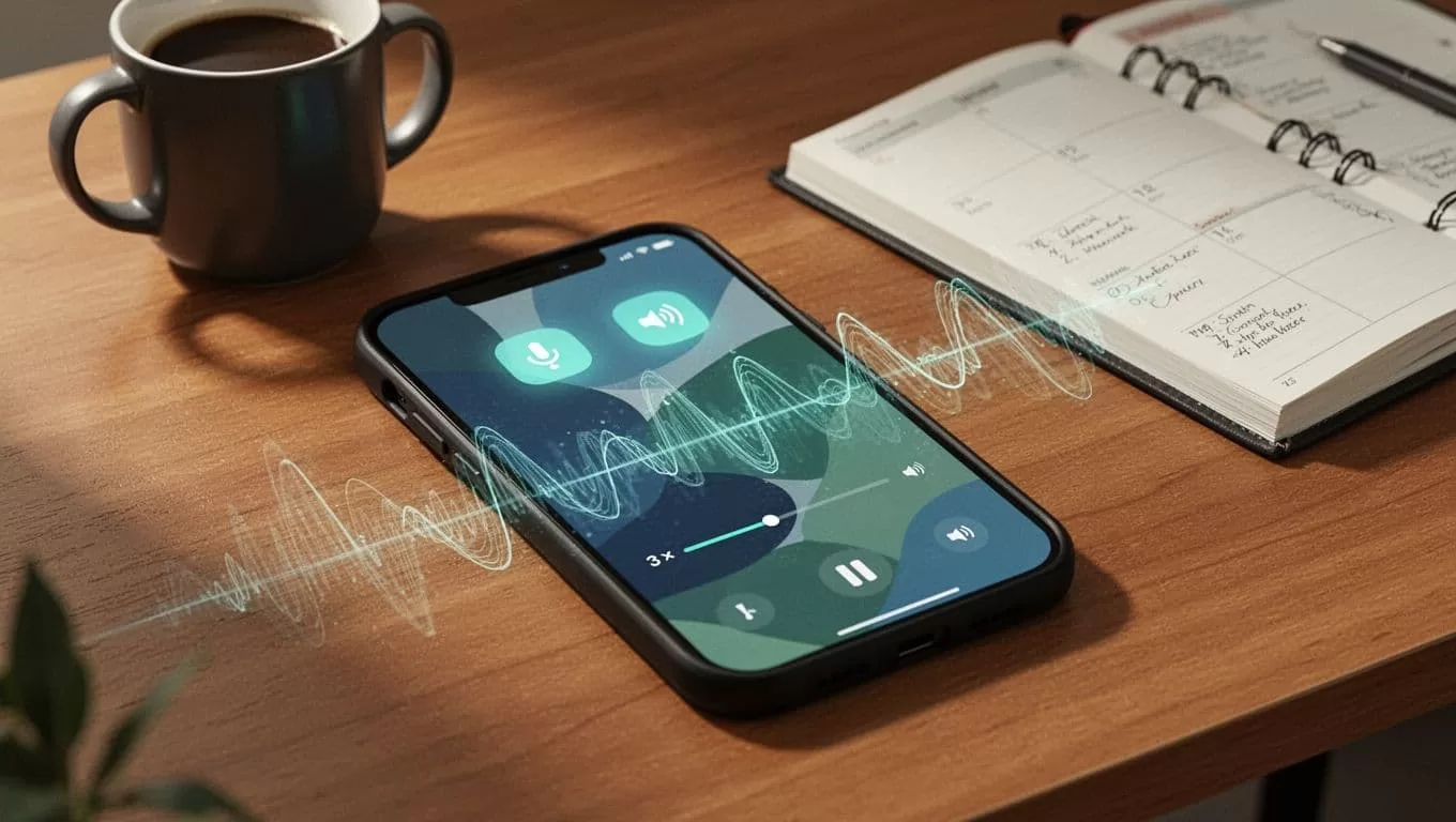 Smartphone on wooden desk showing voice selection icons, 3x speed slider, and audio waveform syncing with highlighted text. Modern illustration with coffee mug and planner in background.