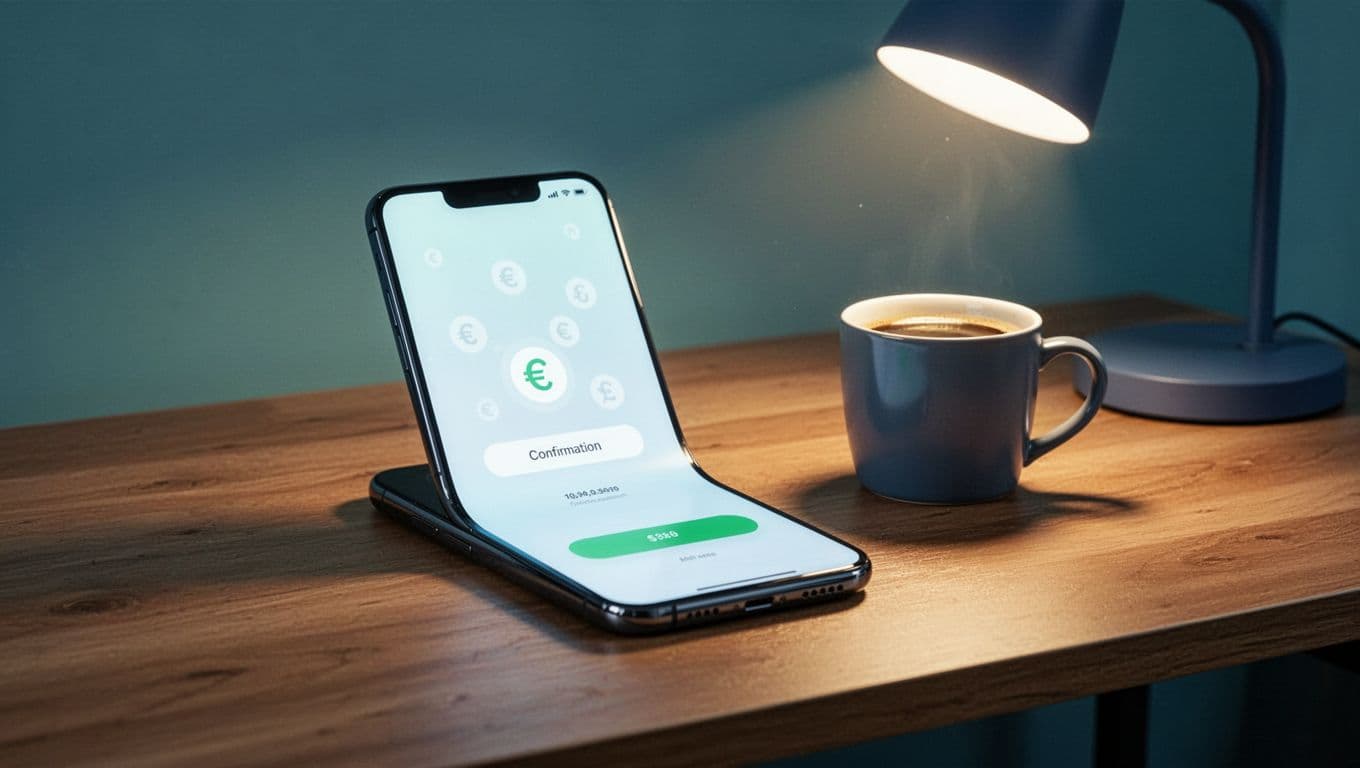 Smartphone on table displays money transfer confirmation to India with subtle rupee symbols in background, coffee mug and desk lamp nearby.