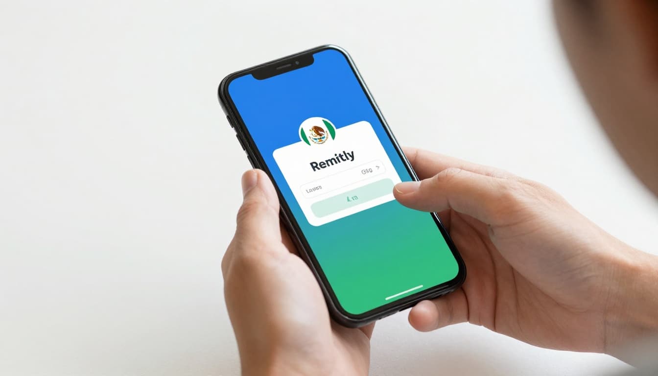 Person holds smartphone displaying money transfer screen with Mexico flag background on clean desk.