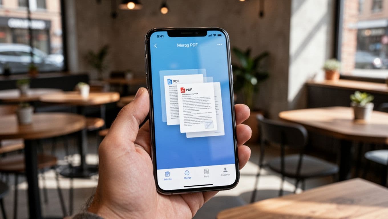 Modern illustration showing a hand casually holding a smartphone with a PDF merging app interface displaying selected files, against a relaxed urban cafe background in natural daylight.