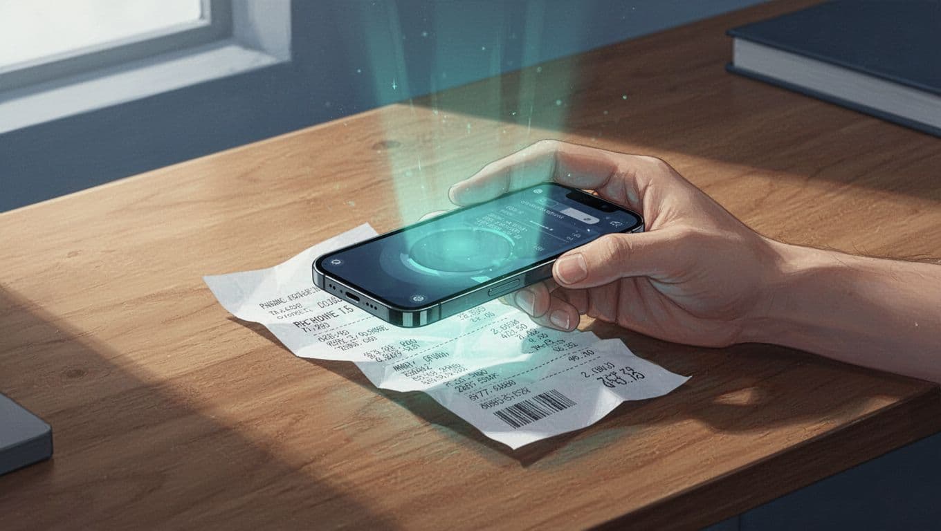 Modern illustration of a smartphone scanning a crumpled receipt on a wooden desk with digital text overlay emerging, using cool blue and green tones.