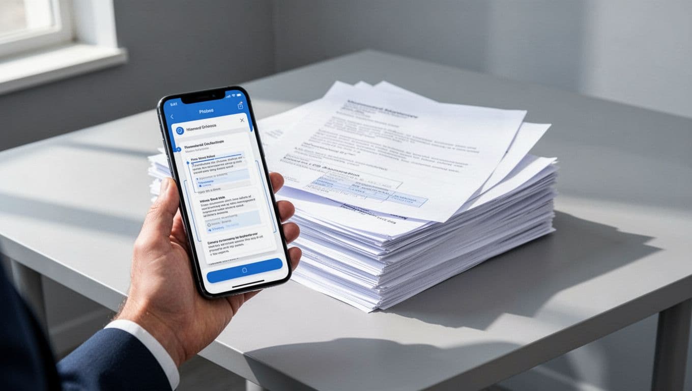 Modern illustration of one person holding a smartphone to scan a stack of paper documents on a desk, using clean shapes, blue and white palette, with natural lighting and soft gray background.