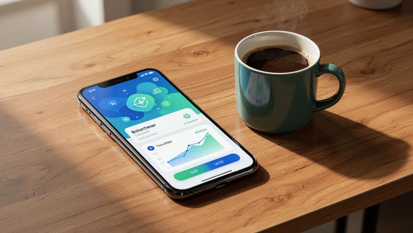 Smartphone on wooden desk displays money transfer app interface for USD to MXN, coffee mug nearby.