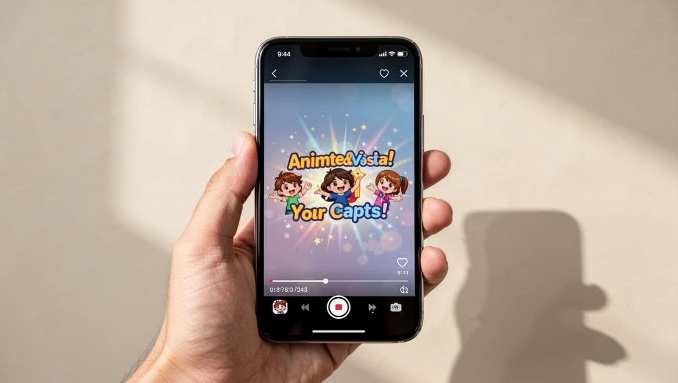 Close-up of a smartphone screen playing a short video clip with dynamic animated captions overlay, held by a hand in relaxed grip on neutral background.