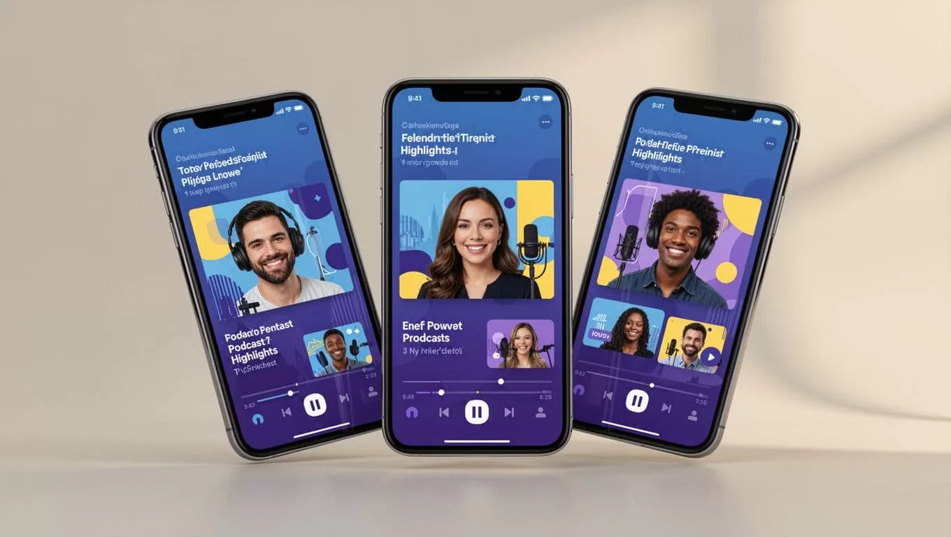 Three smartphones dynamically arranged showing repurposed podcast short video clips with captions on TikTok, Instagram Reels, and YouTube Shorts in a modern illustration style.