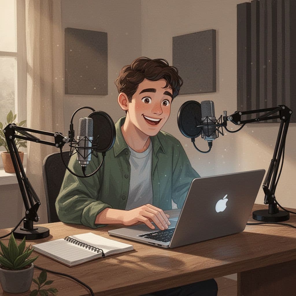 Smiling beginner podcaster at computer in home studio with mic stand and notebook, viewing success notification.