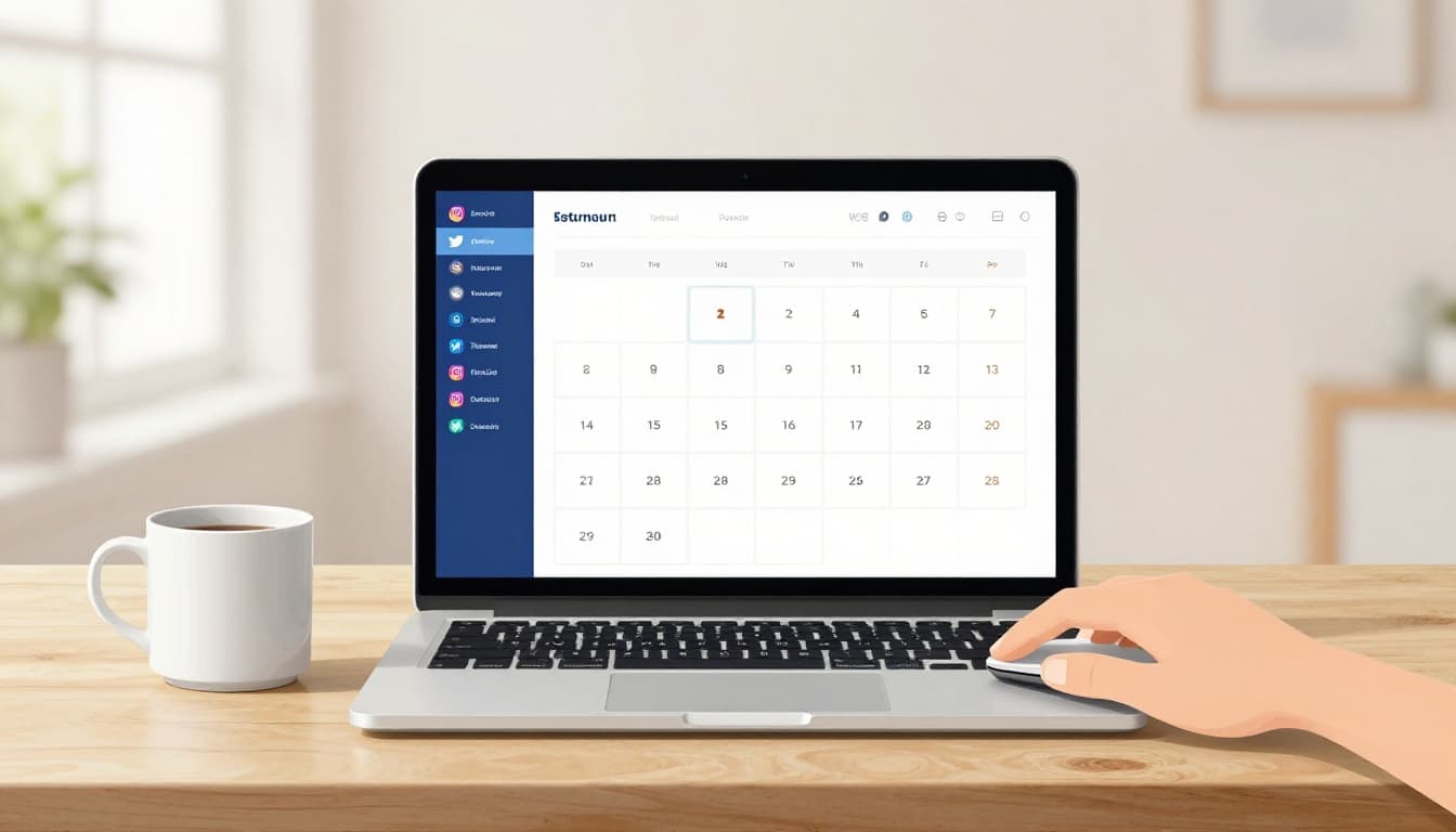 Modern illustration of a simple laptop on a wooden desk displaying a social media calendar interface with posts scheduled across platforms like Instagram, Twitter, and LinkedIn. A coffee mug nearby and one relaxed hand on the mouse under soft natural window light create a clean, centered composition in a blue-green palette.
