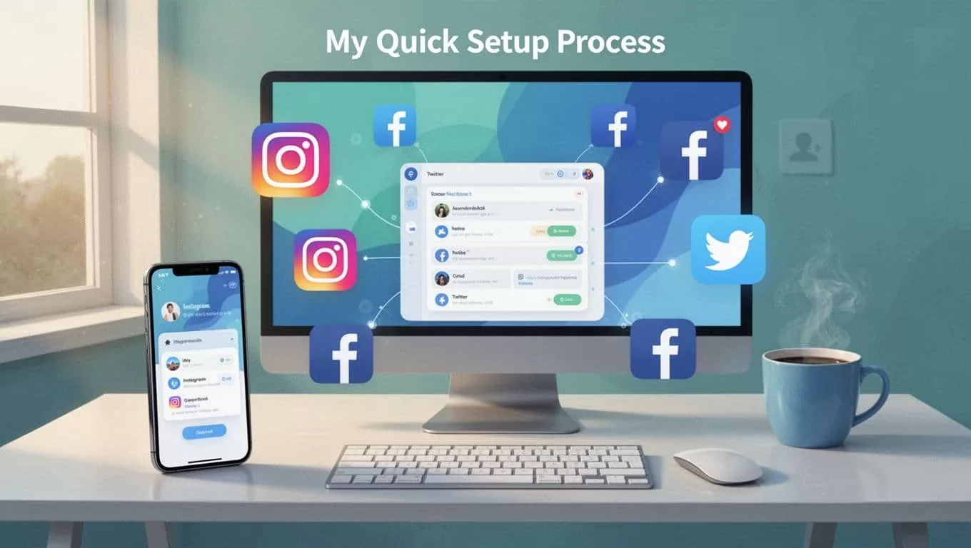 Modern illustration of a desktop and mobile setup connecting Instagram, Facebook, and Twitter icons to a central dashboard app in a relaxed workspace with keyboard, mouse, and coffee under soft morning light.