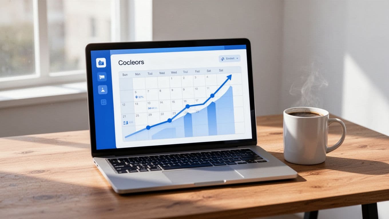 Modern illustration of a laptop on a wooden desk displaying a social media dashboard with content calendar grid and rising analytics graphs, plus one coffee mug, in blues and whites with natural daylight.