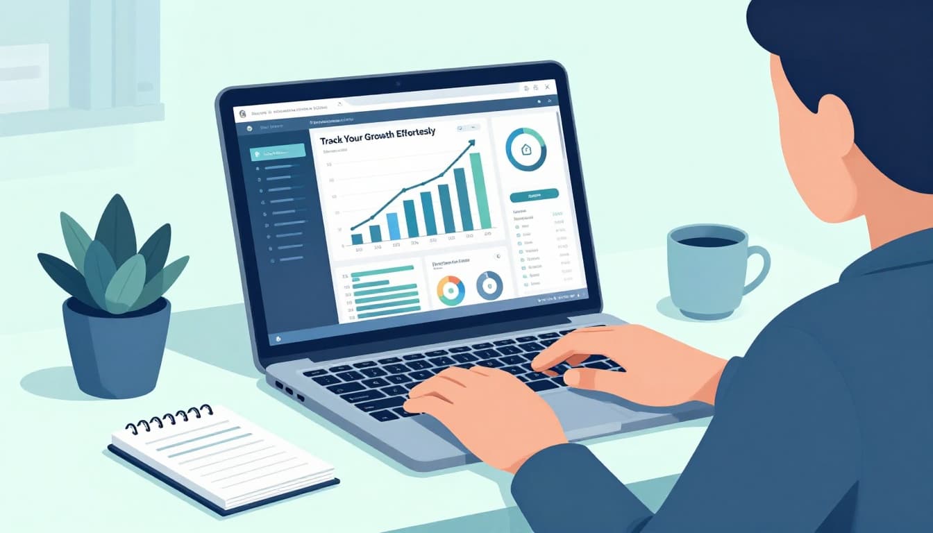 Modern illustration featuring a laptop screen displaying an analytics dashboard with rising engagement graphs for social posts, set on a desk with a notebook and plant, viewed by one relaxed person in soft office light.