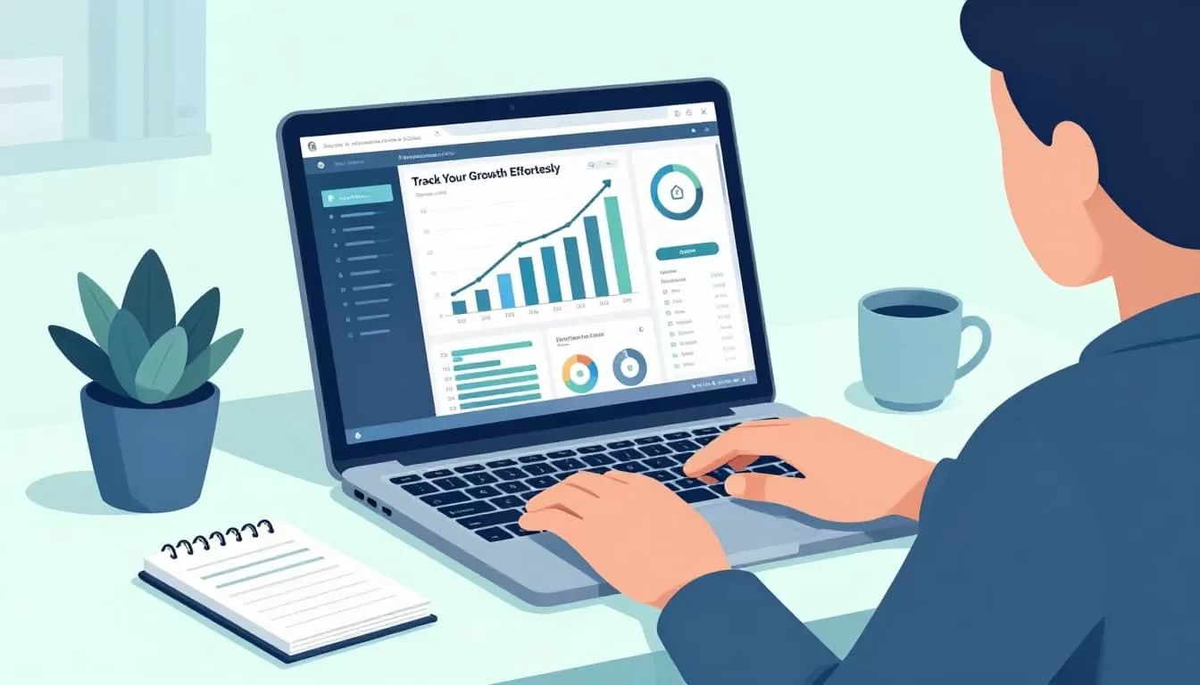 Modern illustration featuring a laptop screen displaying an analytics dashboard with rising engagement graphs for social posts, set on a desk with a notebook and plant, viewed by one relaxed person in soft office light.