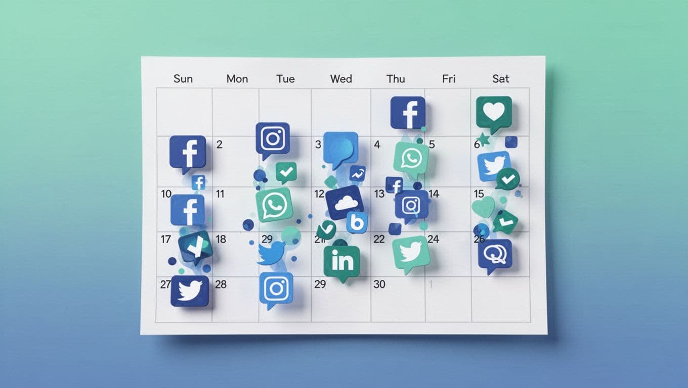 Modern illustration of a calendar filling with scheduled social media posts across platforms, icons for LinkedIn, Instagram, Twitter flowing into slots. Clean shapes, blue-green palette, organized grid layout, soft lighting. No people, no text, no screens.