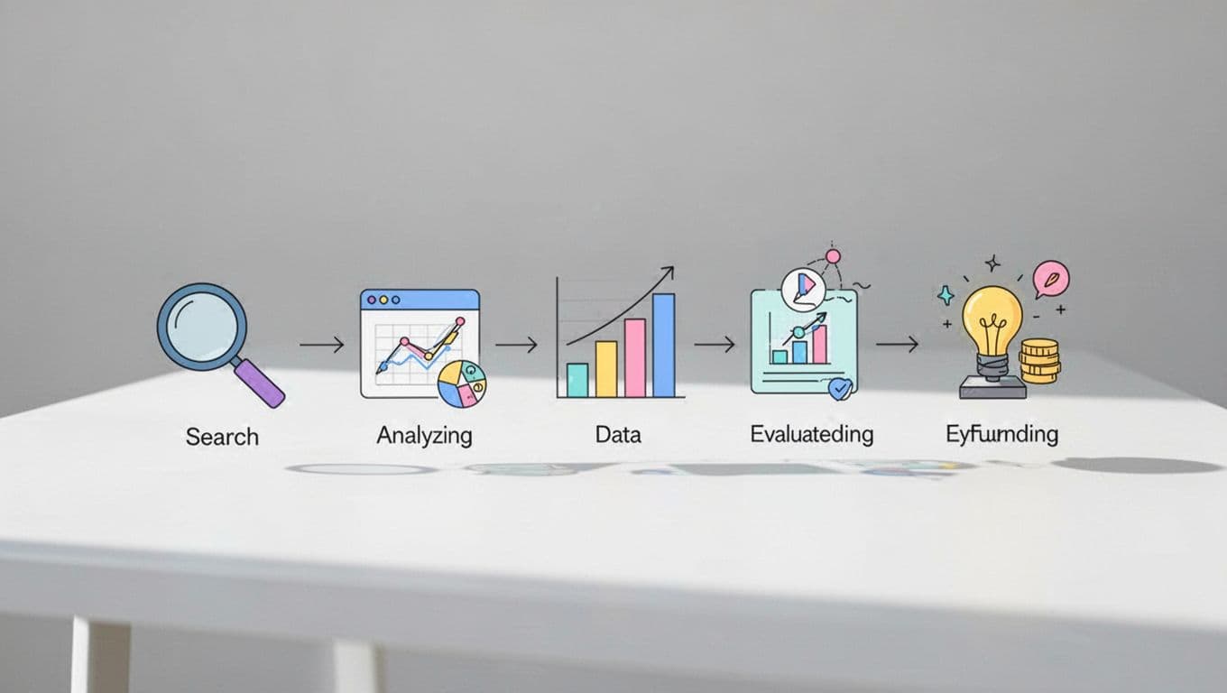 Modern illustration of a step-by-step workflow flowchart for tracking software trends, from searching Exploding Topics to validating with search data and funding. Features simple icons on a whiteboard with clean lines, neutral background, no text, no people, and strong composition.