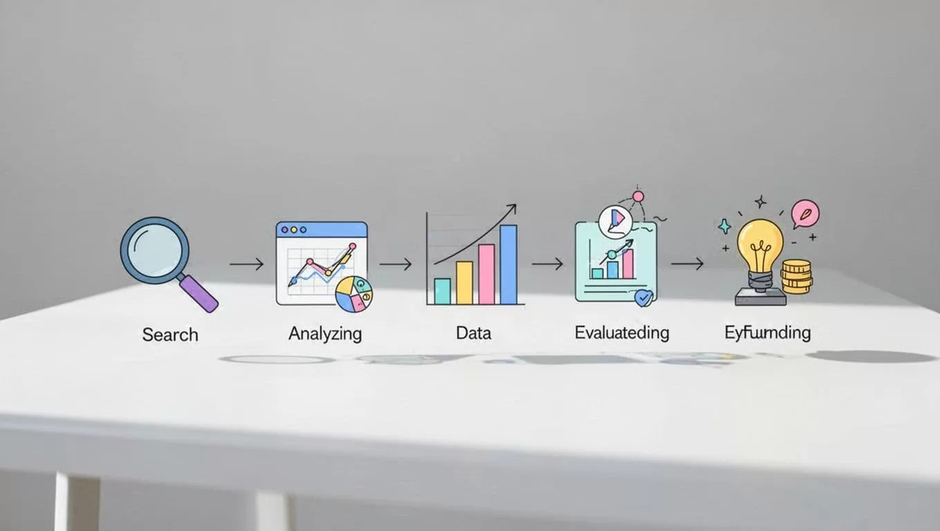 Modern illustration of a step-by-step workflow flowchart for tracking software trends, from searching Exploding Topics to validating with search data and funding. Features simple icons on a whiteboard with clean lines, neutral background, no text, no people, and strong composition.