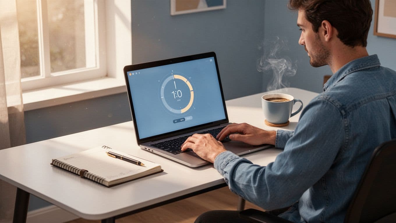 Illustration of a focused solo freelancer at a modern home office desk with laptop showing timer interface, notebook, coffee cup, and warm natural light.